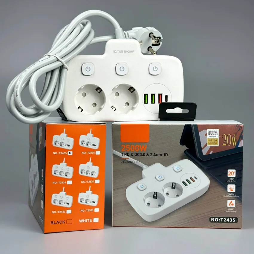 Универсальный сетевой удлинитель белый 2 розетки 3 USB Type-C 2 м 2500W