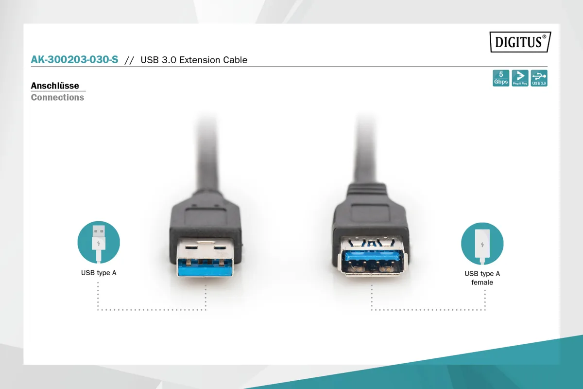 Кабель ASSMANN USB 3.0 (AM/AF) 3.0м, чорний
