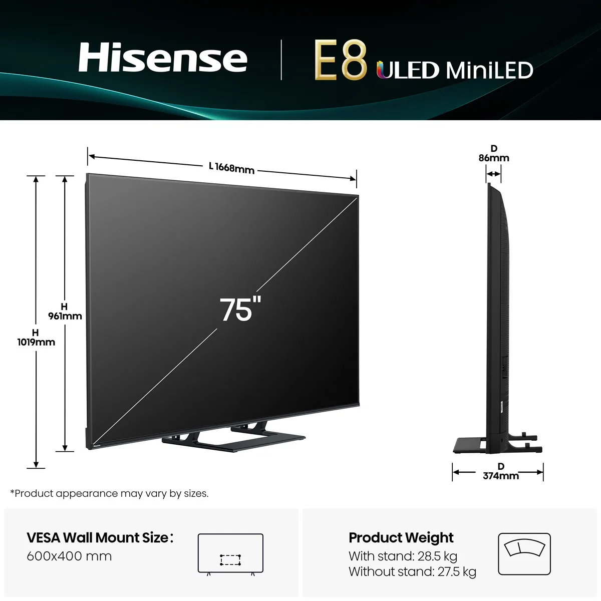 LED-телевізор Hisense MiniLED 75 дюймів Чорний UHD 4K 144 Гц