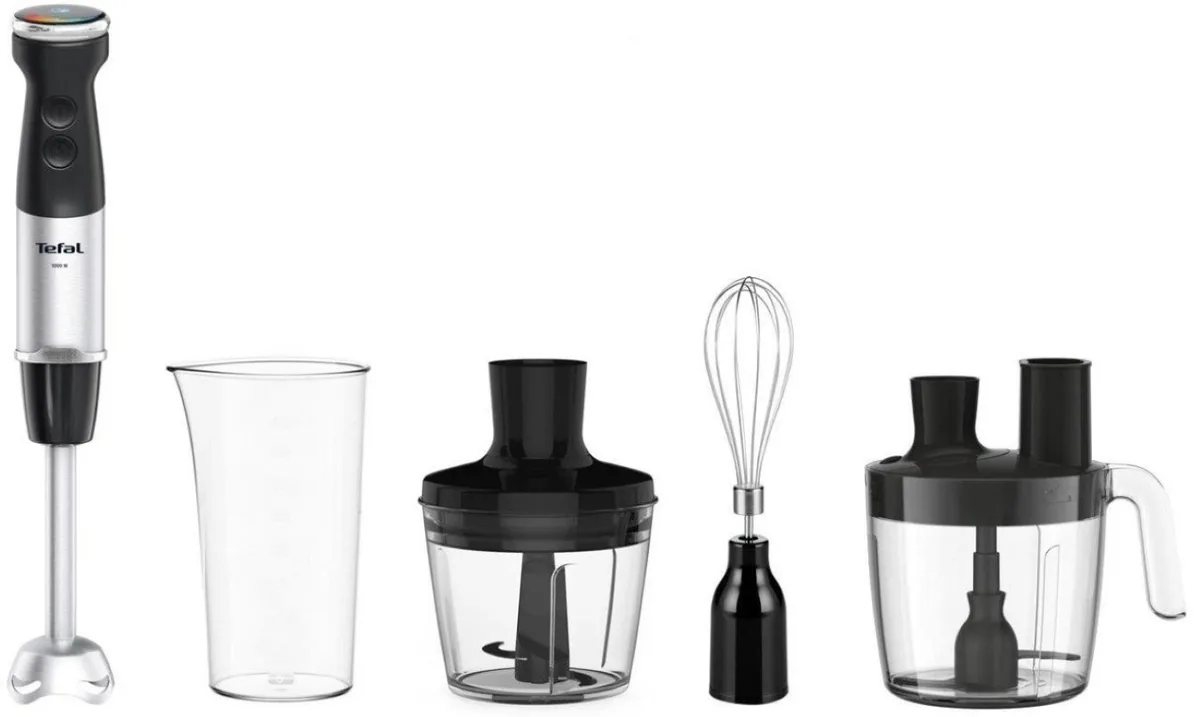 Занурювальний блендер Tefal Quickchef+, 1000Вт, 4 в 1, чаша 800 мл, подрібнювач 500 мл, кухонний комбайн 5 в 1, турборежим, сі.
