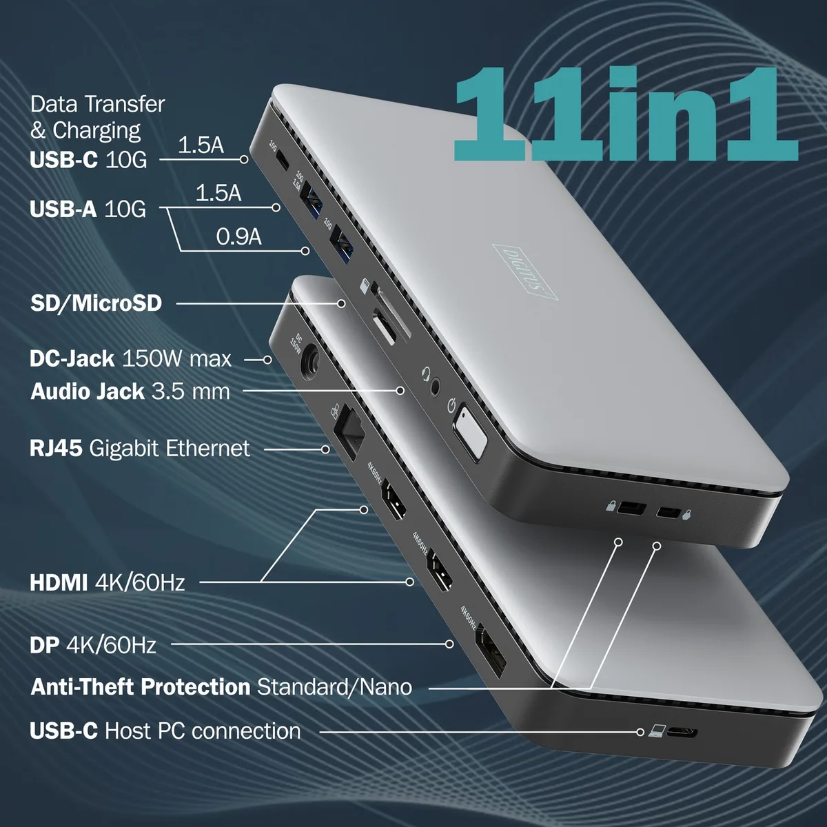 Док-станция DIGITUS USB-C > 2xHDMI/DP/2xUSB-A/USB-C/SD/MicroSD/RJ54/DC/Audio