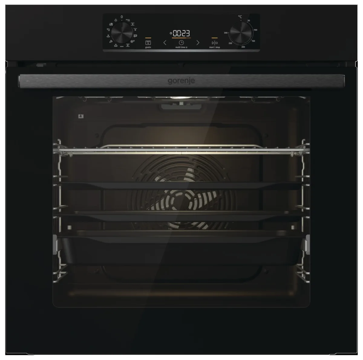 Електрична духова шафа Gorenje, 77 л, клас енергоефективності A+, парова система, цифровий дисплей, піролізне очищення, чорний кол