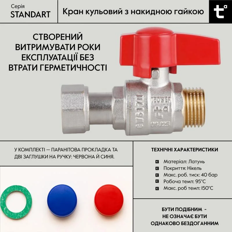 Кран кульовий 1/2" Thermo Alliance Standart латунь нікельований прямий