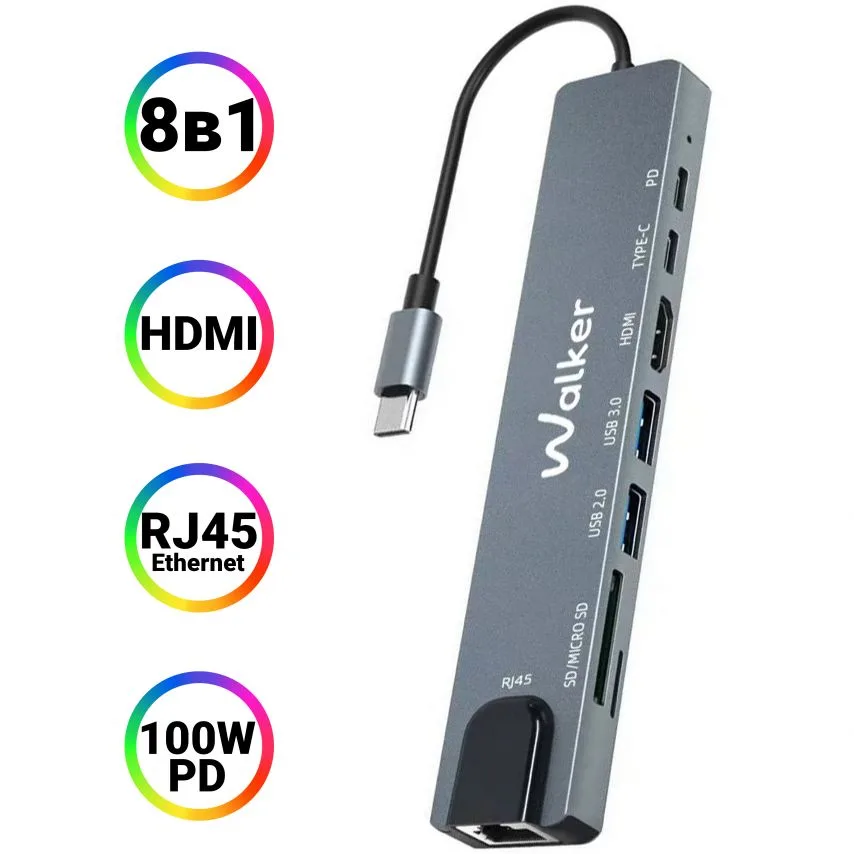 Перехідник USB-хаб WALKER алюміній 146х28х14 мм сірий