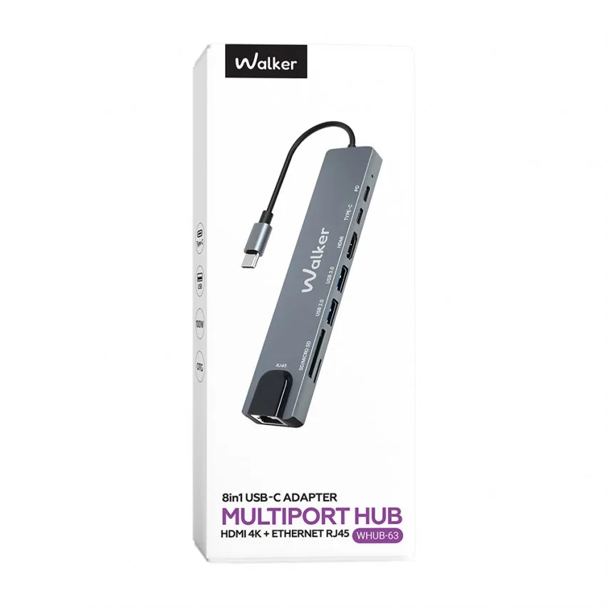 Перехідник USB-хаб WALKER алюміній 146х28х14 мм сірий