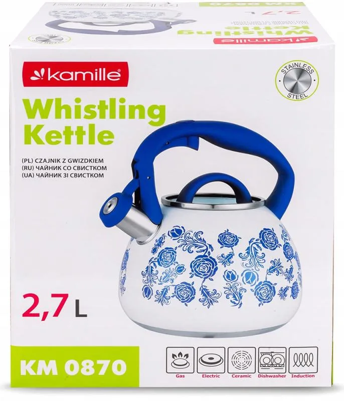 Чайник индукционный Kamille Blue Rose 2,7л нержавеющая сталь со свистком