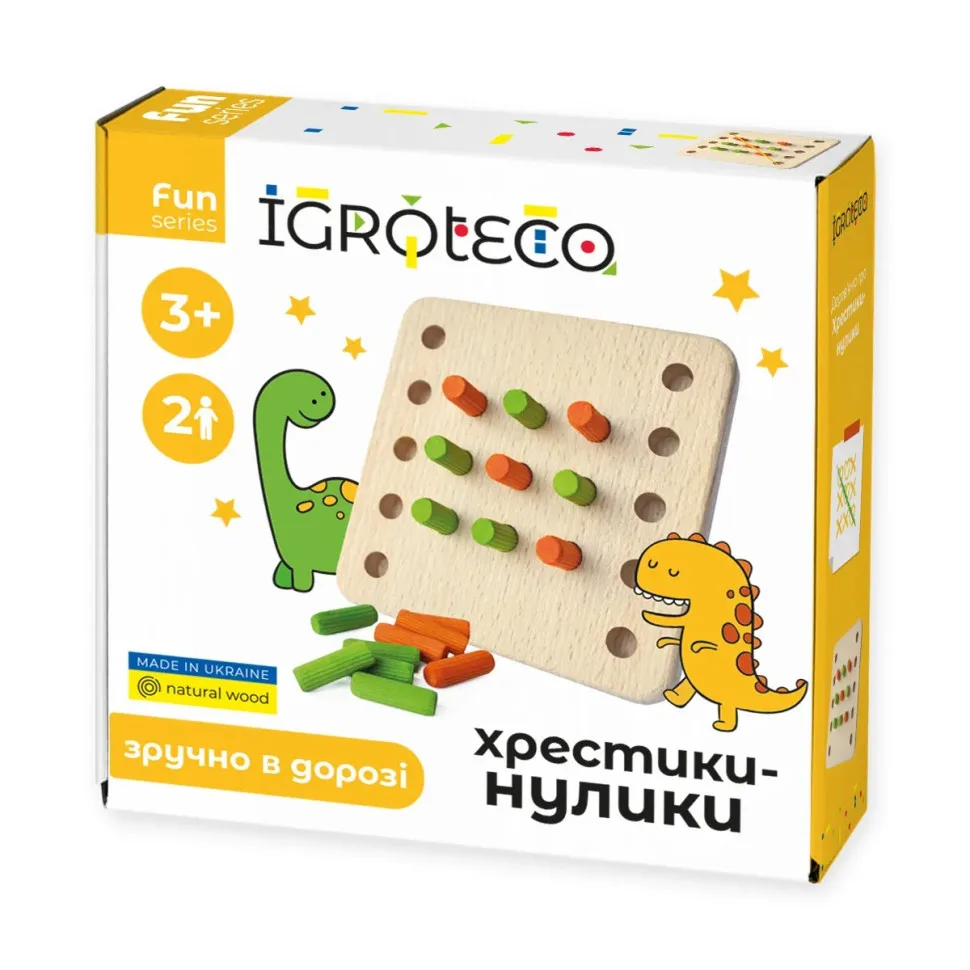 Дерев'яна гра Igroteco Хрестики-нулики натуральне дерево 11х11 см жовтогарячі зелені фішки