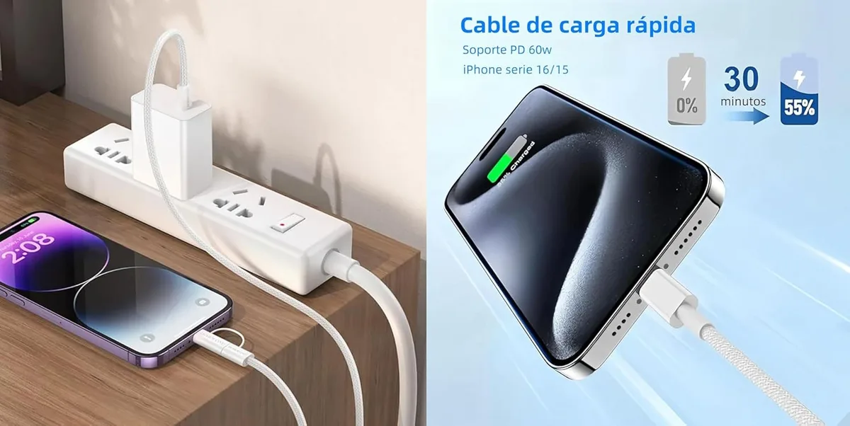 USB кабель 2в1 Type-C Lighting 1 м білий 60W