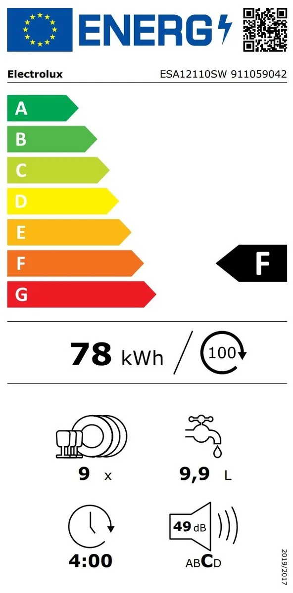 Посудомийна машина Electrolux, 9 комплектів, клас енергоспоживання F, 45 см, інверторна, біла.